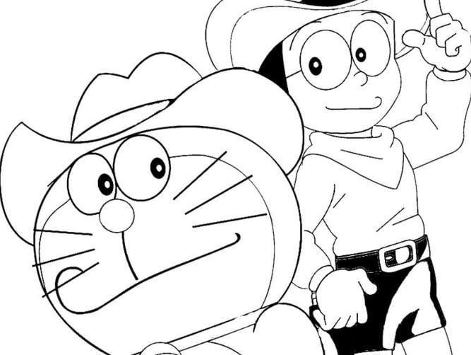 Mẫu tranh tô màu cho bé 2 cao bồi Doreamon và Nobita