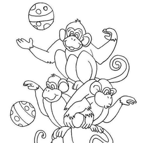 Mẫu tranh tô màu cho bé hình những chú khỉ đang chơi bóng