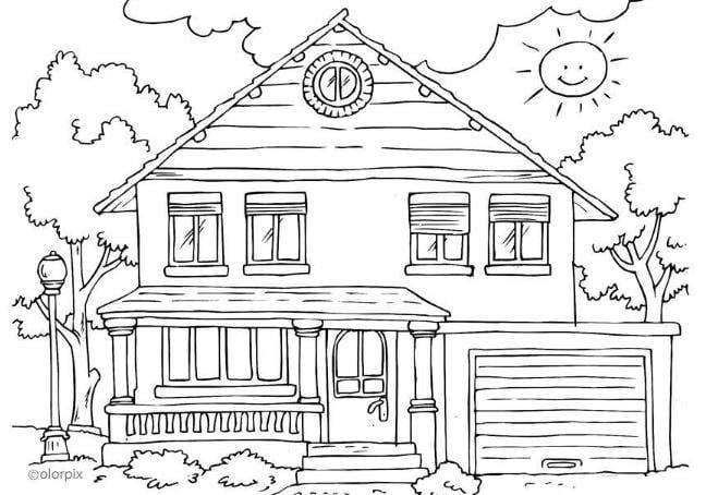 Mẫu tranh tô màu cho bé hình ngôi nhà và cây cối xung quanh
