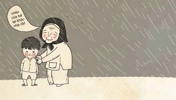 Tranh vẽ hình ảnh bà đang dỗ dành bé đang khóc dưới cơn mưa