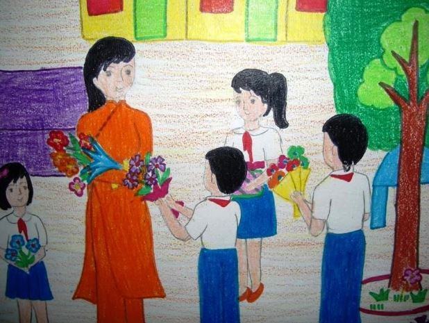 Tranh vẽ hình các học trò gứi tặng những bó bông và những lời chúc dành tặng cho cô giáo nhân ngày quốc tế phụ nữ 8-3