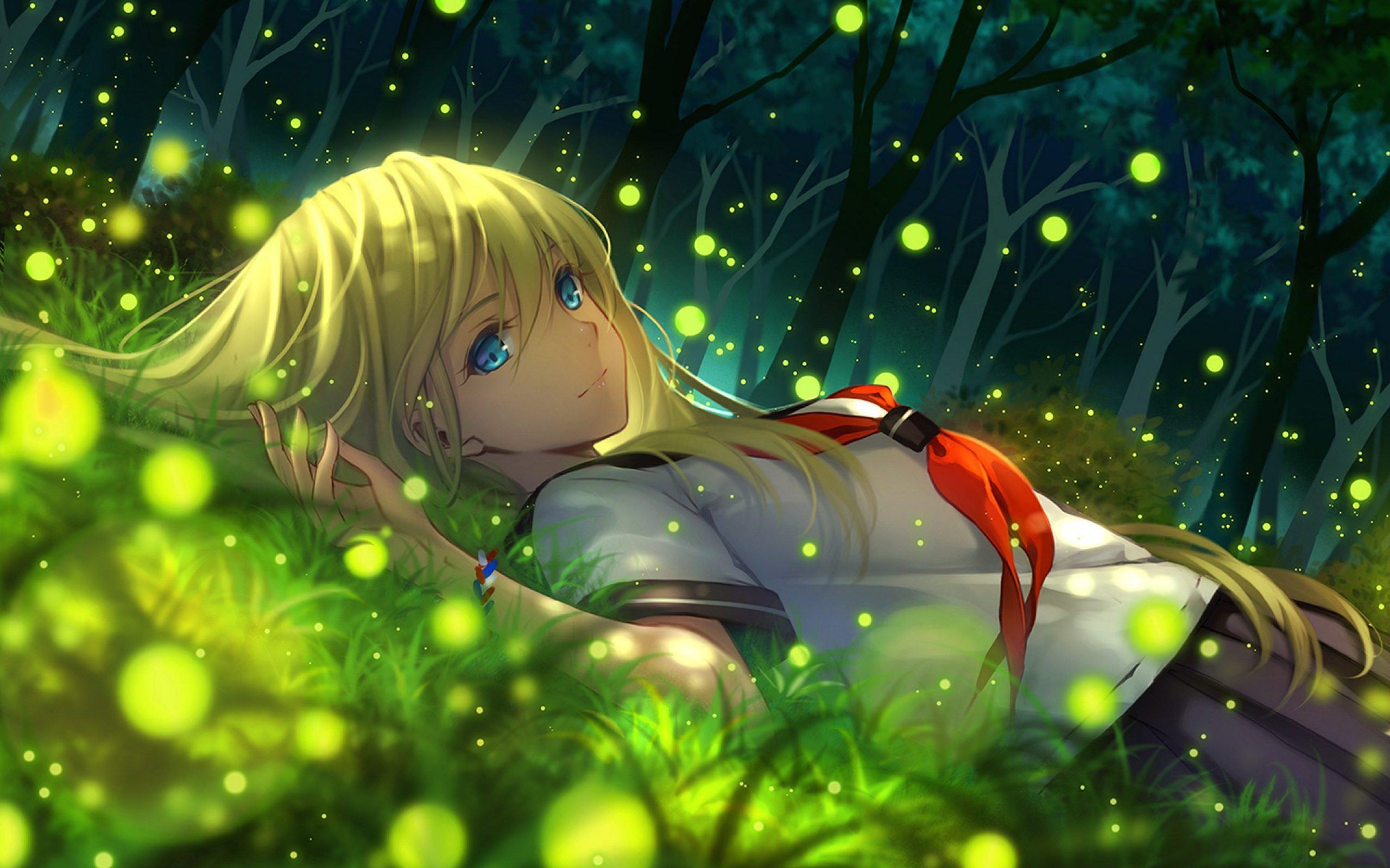 Hình ảnh Anime cô nàng xinh đẹp trong rừng đầy đôm đốm