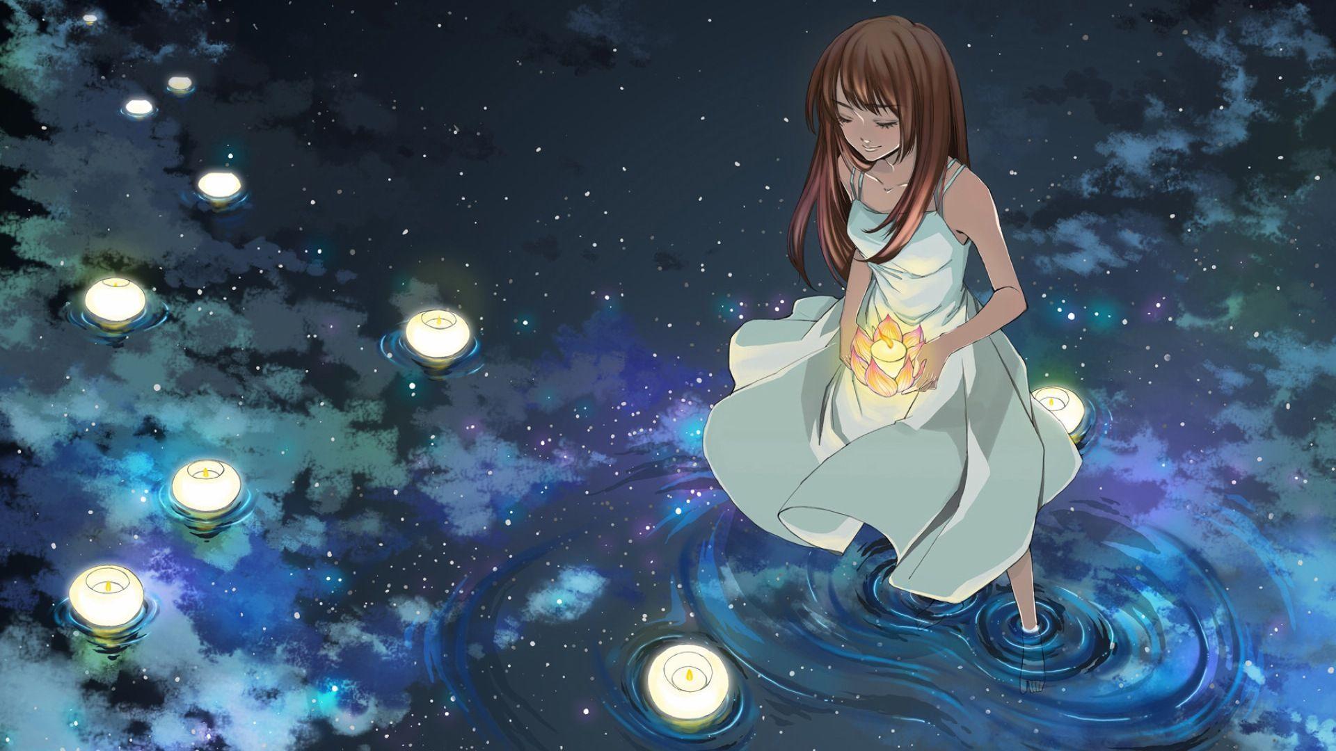 Hình ảnh Anime một cô gái đang cầu nguyện cho điều ước tốt đẹp về tình yêu của nàng