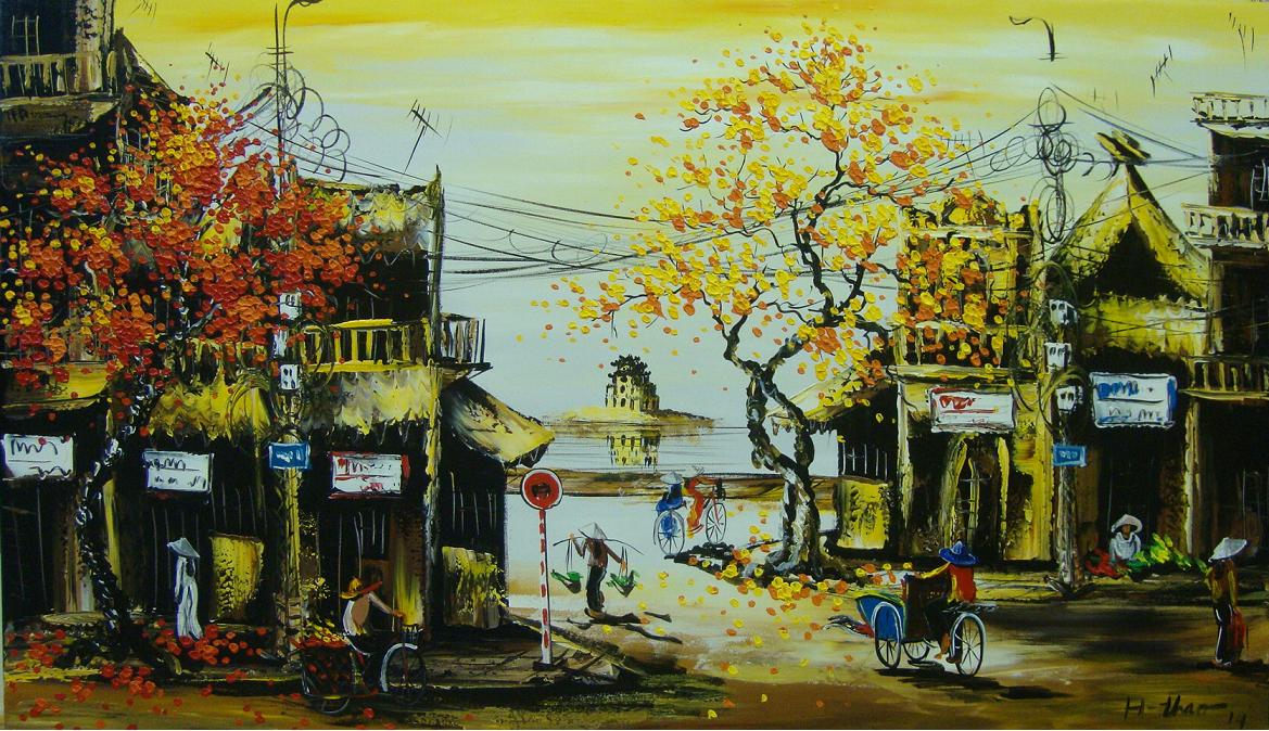 Tranh sơn dầu khung cảnh một khu phố cổ Hà Nội