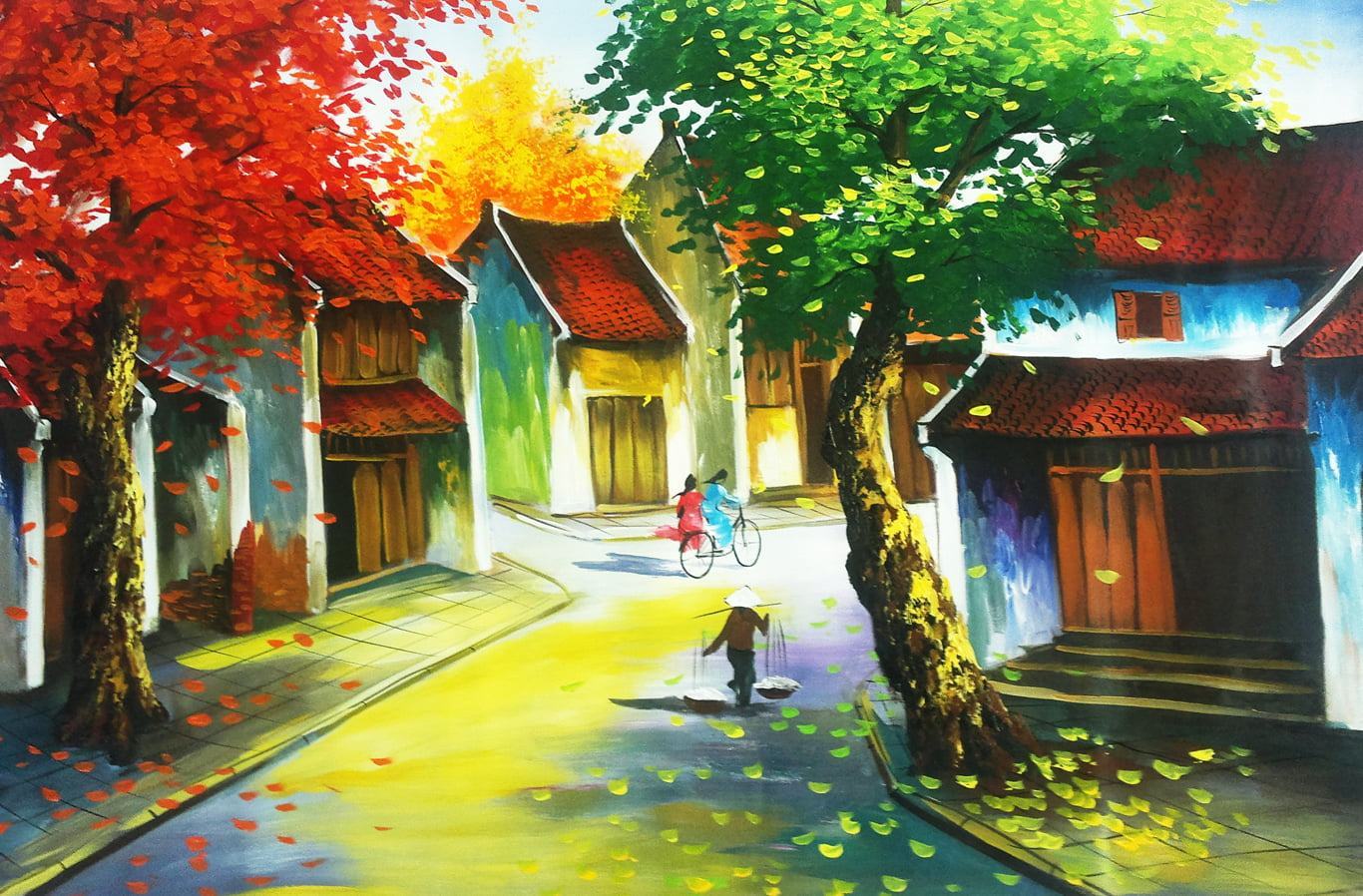 Bức tranh sơn dầu đẹp khung cảnh khu phố yên tĩnh