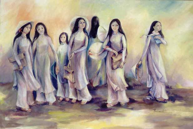 Tranh sơn dầu những cô nữ xinh với chiếc áo dài trắng thước tha